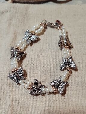 Hand Made Butterfly Pearl Beaded Bracelet - White & Silver Accents